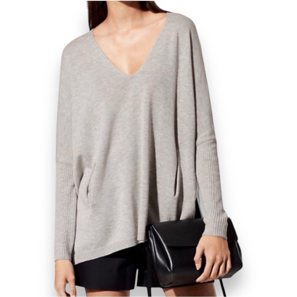Aritzia Babaton Sweater Wool Linen Baylor Grey Oversized V Neck Pockets Size S-M
